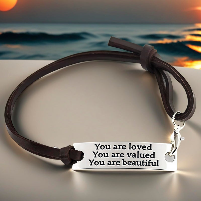 YOYONY Psychological Healing Bracelet Sister Gifts For Women Saying stamped "You are loved You are valued You are beautiful" Adjustable leather inspirational bracelet,Female Affirmation Psychological Suggestion Gift, Friendship Bracelets,Church Gift. - Image 2